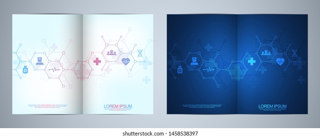 Template brochure or cover design, book, flyer,  with medical icons and symbols. Healthcare, science and medicine technology concept