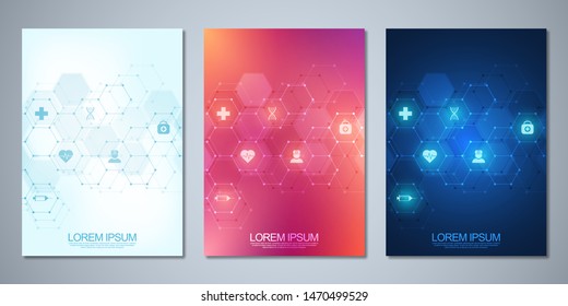 Template brochure or cover design, book, flyer,  with medical icons and symbols. Healthcare, science and medicine technology concept