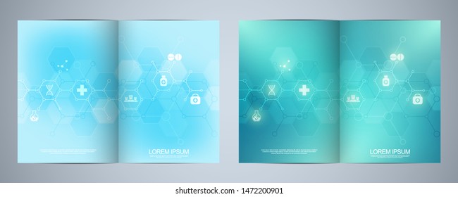 Template brochure or cover design, book, flyer,  with medical icons and symbols. Healthcare, science and medicine technology concept