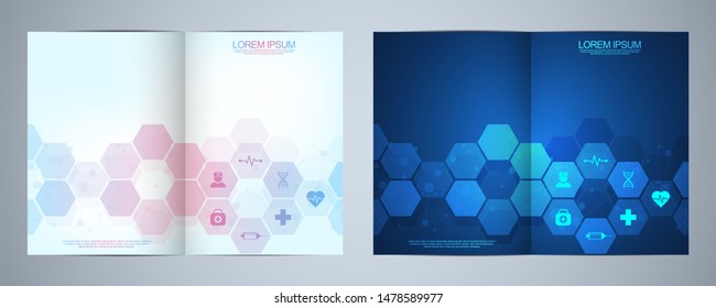 Template brochure or cover design, book, flyer,  with medical icons and symbols. Healthcare, science and medicine technology concept