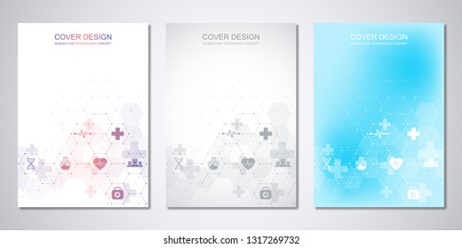 Template brochure or cover with medical icons and symbols. Healthcare, science and innovation technology concept