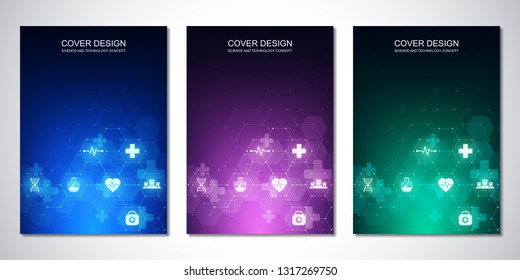 Template brochure or cover with medical icons and symbols. Healthcare, science and innovation technology concept