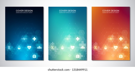 Template brochure or cover with medical icons and symbols. Healthcare, science and innovation technology concept