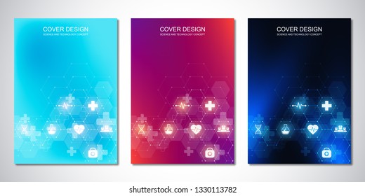 Template brochure or cover with medical icons and symbols. Healthcare, science and innovation technology concept