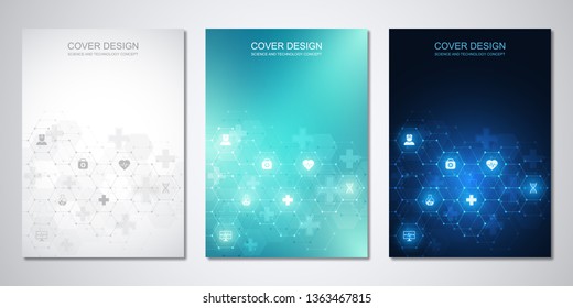 Template brochure or cover with medical icons and symbols. Healthcare, science and innovation technology concept - Shutterstock ID 1363467815
