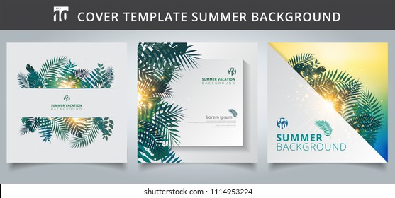 Template brochure cover summer tropical with exotic palm leaves or plants and lighting effect on white paper background. Vector illustration