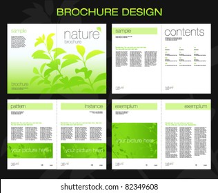 Template of brochure design with spread pages and cover. Floral background (green branch with leaves). Vector layout of magazine (booklet / book)