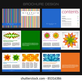 Template of brochure design with stripy background (colorful lines) and abstract flowers. Vector layout of magazine (booklet)