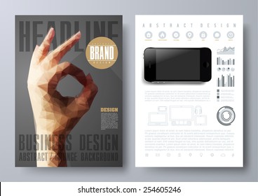 Template for Brochures, Flyers, Posters, Covers or Web Design.  Abstract Modern Background with Triangular Hand in OK Sign.