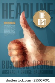 Plantilla para folletos, volantes, pósters, portadas o diseño web. Resumen de fondo moderno con mano triangular en buen signo.