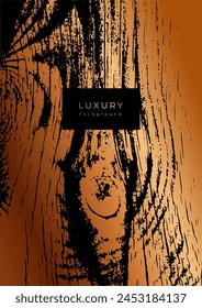 Template with bronze wooden texture. Luxury golden background with wood annual rings texture. Banner with dry tree pattern. Stamp of tree trunk in section. Black and bronze marble background