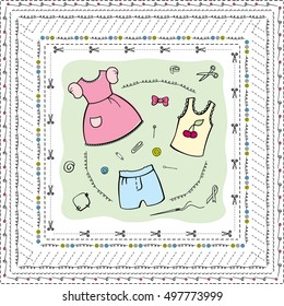 Template brushes. sketched doodles ornamental borders and frames. The Elements Of Design. Hand Drawn Vector Illustration. Frame vector brushes sewing accessories