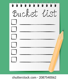 Template of bucket list in notepad with pencil. Vector illustration.