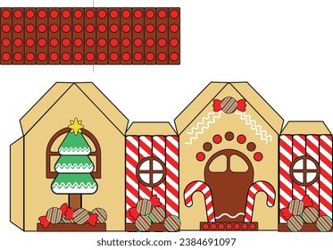 Template to build a paper house. Christmas theme, gingerbread house, house made with candy.