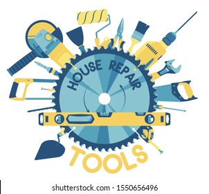 Template for building tools shop service banner. Flat icons. Tools for house repair and constructing on white background. Vector illustration.