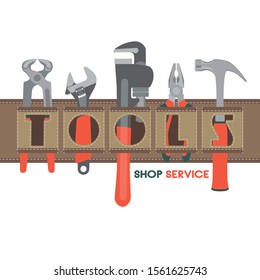 Template for building tools shop service banner. Tools for house repair and constructing in a tool belt. Vector illustration.