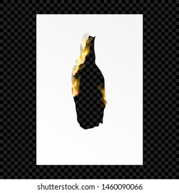 Template of burning A4 paper, isolated on a dark transparent background. Realistic fire. Vector illustration eps10