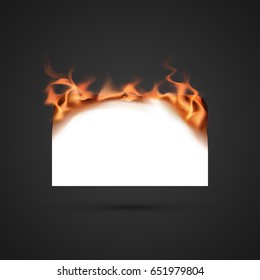 template of burning paper, isolated on a dark background. realistic fire. vector illustration