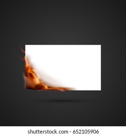 template of burning paper, isolated on a dark background. realistic fire. vector illustration