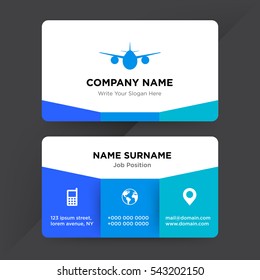 Template of business card for airline services company with blue plane vector on gray background, elements of phone and earth icons on cyan colored ground