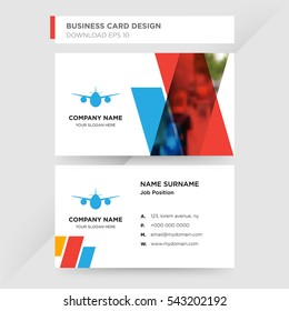 Template of business card for airline services company with blue plane vector on gray background, design elements of red and orange shapes