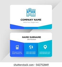 Template of business card for archive services company with blue file and document vector on gray background, elements of phone and earth icons on cyan colored ground