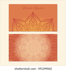 Template business card, banner or invitation with mandala. Round Ornament Pattern. Vintage decorative elements. Oriental motifs. Vector illustration