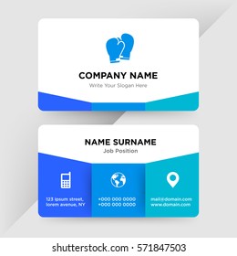 Template of business card for box sport club, trainer services  company with blue boxing glove vector with elements of phone contacts, location, web icons on cyan ground