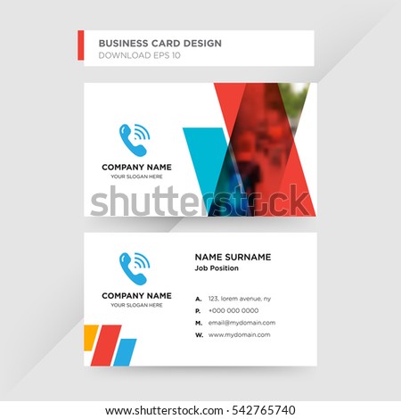 Template of business card for communication and calls services services company with blue cell phones vector on gray background, design elements of red and orange shapes