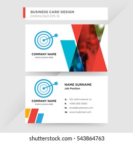Template of business card for consulting services company with blue darts vector on gray background, design elements of red and orange shapes