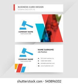 Template of business card for court services with blue hammer vector on gray background, design elements of red and orange shapes