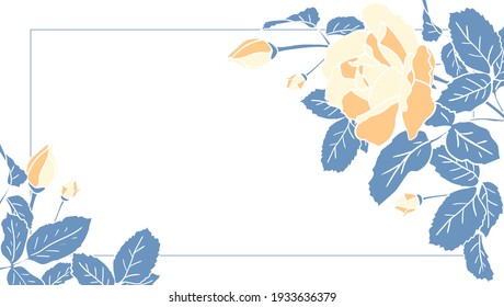 Template for business card delicate yellow roses with leaves and buds. Rectangular frame on white background with copy space. Silhouettes of flower inflorescences. Stock vector illustration isolated.