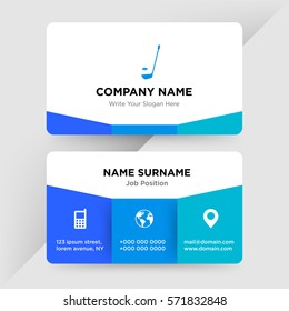 Template of business card for equipment sale, sport club services  company with blue hockey stick vector with elements of phone contacts, location, web icons on cyan ground