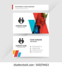 Template of business card for family medical services company with blue heart with people vector on gray background, design elements of red and orange shapes