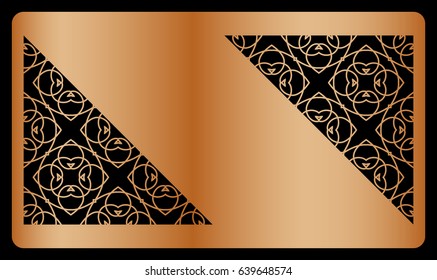 template business card with geometrical ornament for cut out. copper metal. vector illustration. For cutting from metal, paper.