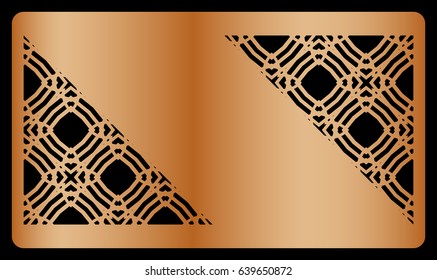 template business card with geometrical ornament for cut out. copper metal. vector illustration. For cutting from metal, paper.