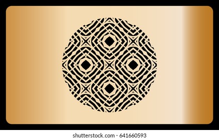 template business card with geometrical ornament for cut out. bronze metal. vector illustration. For cutting from metal, paper. With a cutout of a decorative circle in the center