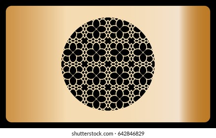 template business card with geometrical ornament for cut out. bronze metal. vector illustration. For cutting from metal, paper. With a cutout of a decorative circle in the center