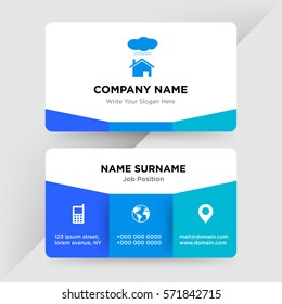 Template of business card for insurance services  company with blue house under rain vector with elements of phone contacts, location, web icons on cyan ground