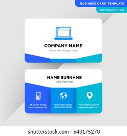 Template of business card for internet services company with blue computer vector on gray background, elements of phone and earth icons on cyan colored ground