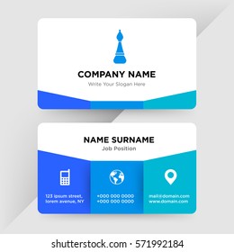 Template of business card for management, chess school services  company with blue chess figure vector with elements of phone contacts, location, web icons on cyan ground