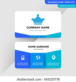Template of business card for management company with blue king's crown vector on gray background, elements of phone and earth icons on cyan colored ground