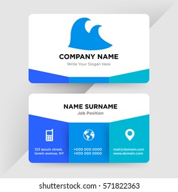 Template of business card for marine logistics company with blue wave of ocean vector with elements of phone contacts, location icons on cyan ground