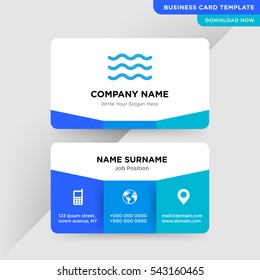 Template of business card for marine services company with blue wave, water of sea and ocean vector on gray background, elements of phone and earth icons on cyan colored ground