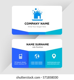 Template of business card for natural disaster security, defence services  company with blue house under an avalanche vector with elements of phone contacts, location, web icons on cyan ground