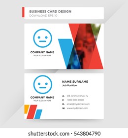 Template of business card for networking services company with blue unhappy smile vector on gray background, design elements of red and orange shapes