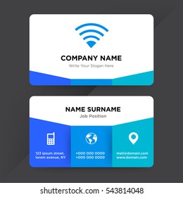 Template of business card for networking services company with blue internet vector on gray background, elements of phone and earth icons on cyan colored ground