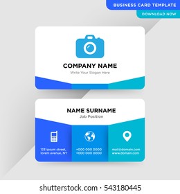 Template of business card for photographer services company with blue camera vector on gray background, elements of phone and earth icons on cyan colored ground