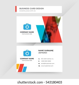 Template of business card for photography services company with blue camera vector on gray background, design elements of red and orange shapes