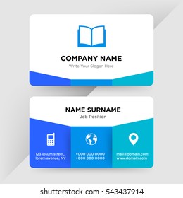 Template of business card for press services company with blue book vector on gray background, elements of phone and earth icons on cyan colored ground